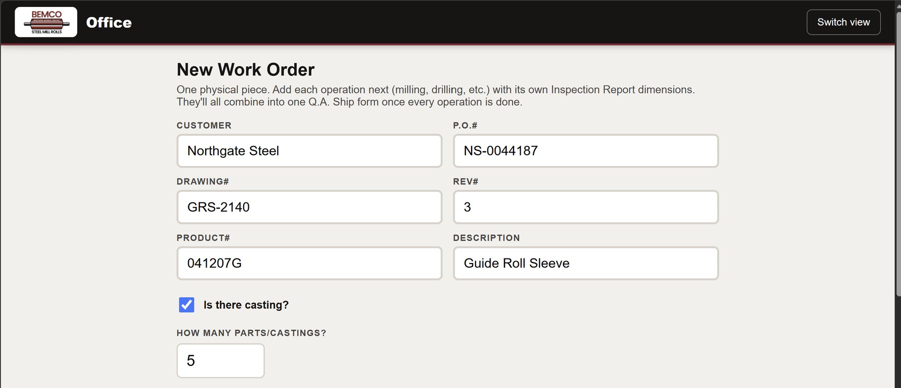 New work order